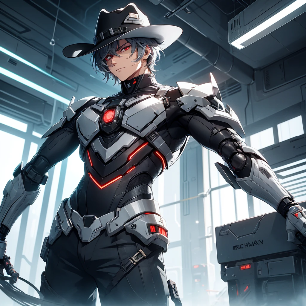 make a futuristic male character who has a cowboy hat, mechanical right arm, Eyes red, must be in a futuristic canary, and dark gray hair. he must be strong
