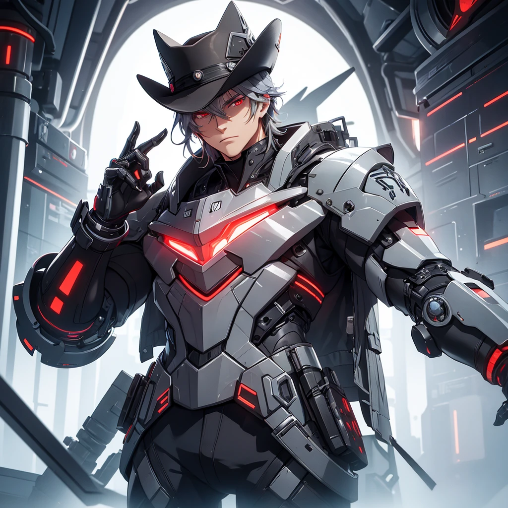 make a futuristic male character who has a cowboy hat, mechanical right arm, Eyes red, must be in a futuristic canary, and dark gray hair. he must be strong