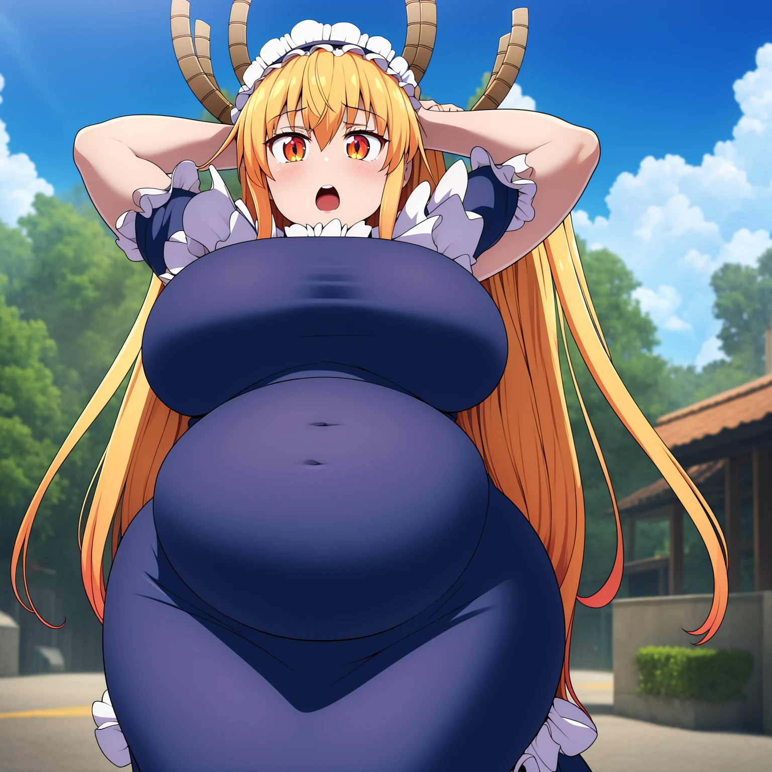 (best quality:1.2), 1girl, (masterpiece:1.2), raytracing, ultra detailed,detailed face, 8k wallpaper, wide hips, TohruDragonMaid_NDV, 1girl, blonde hair, large breasts, long hair, horns, green tail, wings, multicolored hair, maid suit, maid dress, maid hat, slit pupils, orange eyes, outdoor, ((big belly)), shocked, open mouth, (hands behind head:1.4), (solo:1.5)