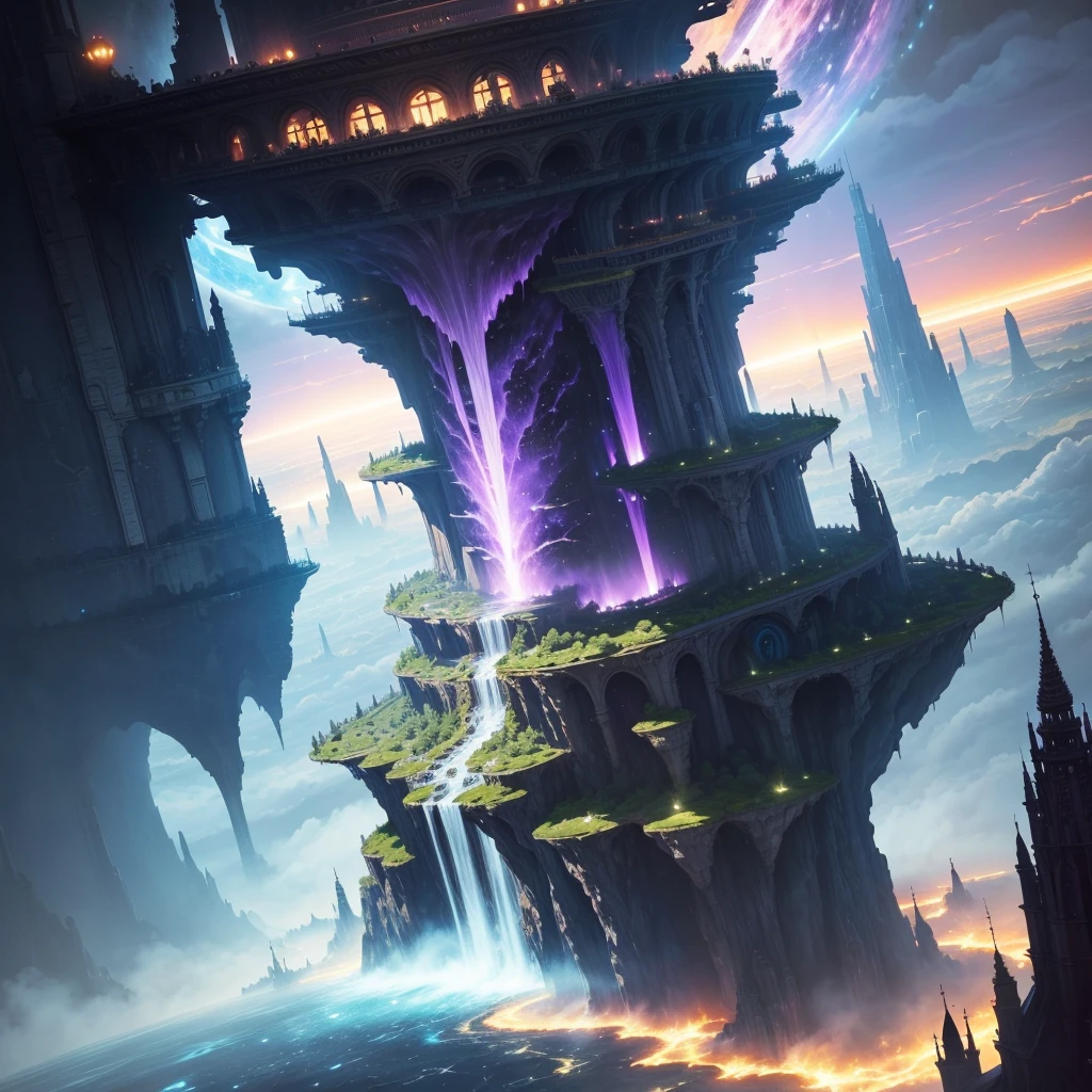 A huge fantastical sci-fi city, aether city, Fantasy,Super huge,Beyond All,Another World Adventure,Great Heaven,floating aerial metropolis,Skyscrapers、universe,new world,new dimension,Super huge建造物,Super hugeな滝,mysterious,Fantasy, towering skyscrapers, massive waterfall, celestial planets in the sky, surrounded by clouds, cosmic architecture, violet energy scars around, central massive castle, astral sky