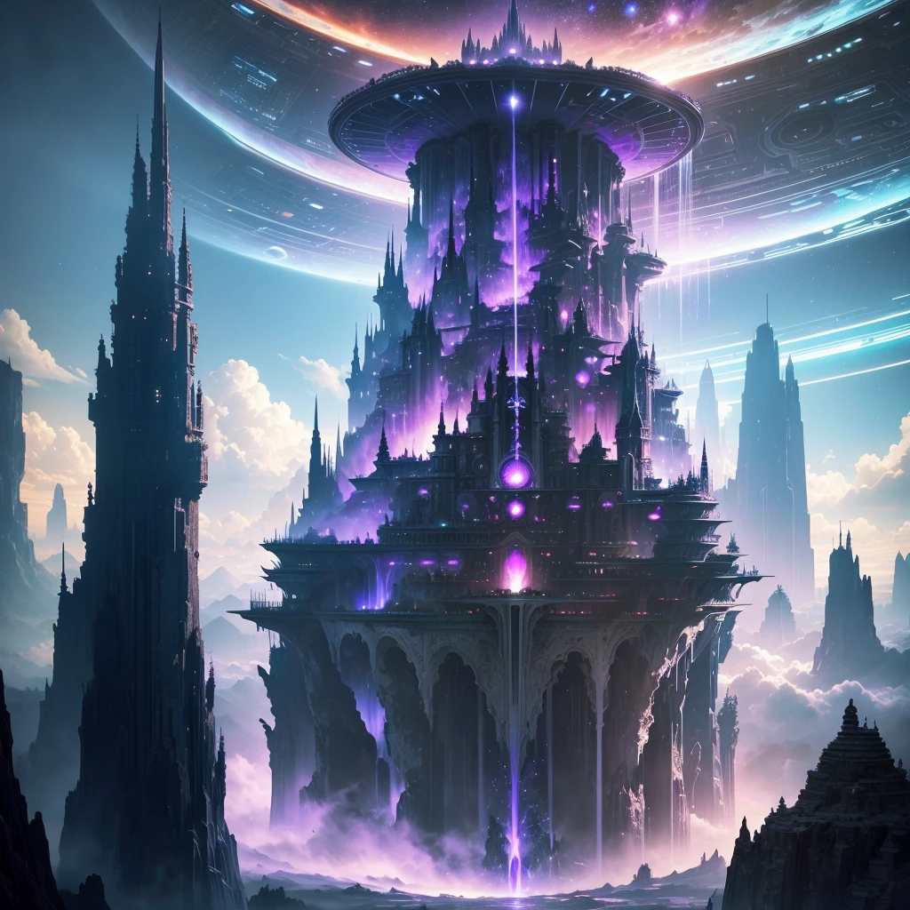 A huge fantastical sci-fi city, aether city, Fantasy,Super huge,Beyond All,ther World Adventure,Great Heaven,floating aerial metropolis,Skyscrapers、universe,new world,new dimension,Super huge建造物,Super hugeな滝,mysterious,Fantasy, towering skyscrapers, massive waterfall, celestial planets in the sky, surrounded by clouds, cosmic architecture, violet energy scars around, central massive castle, astral sky