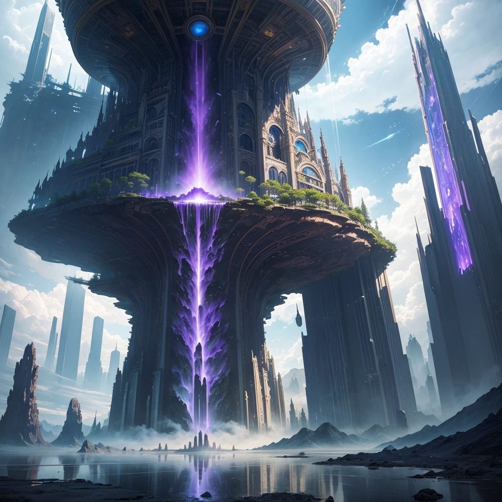 A huge fantastical sci-fi city, aether city, Fantasy，Super huge，Beyond All，Another World Adventure，Great Heaven，floating aerial metropolis,Skyscrapers、universe，new world，new dimension，Super huge建造物，Super hugeな滝，mysterious，Fantasy， towering skyscrapers, massive waterfall, celestial planets in the sky, surrounded by clouds, cosmic architecture, violet energy scars around, central massive castle, astral sky
