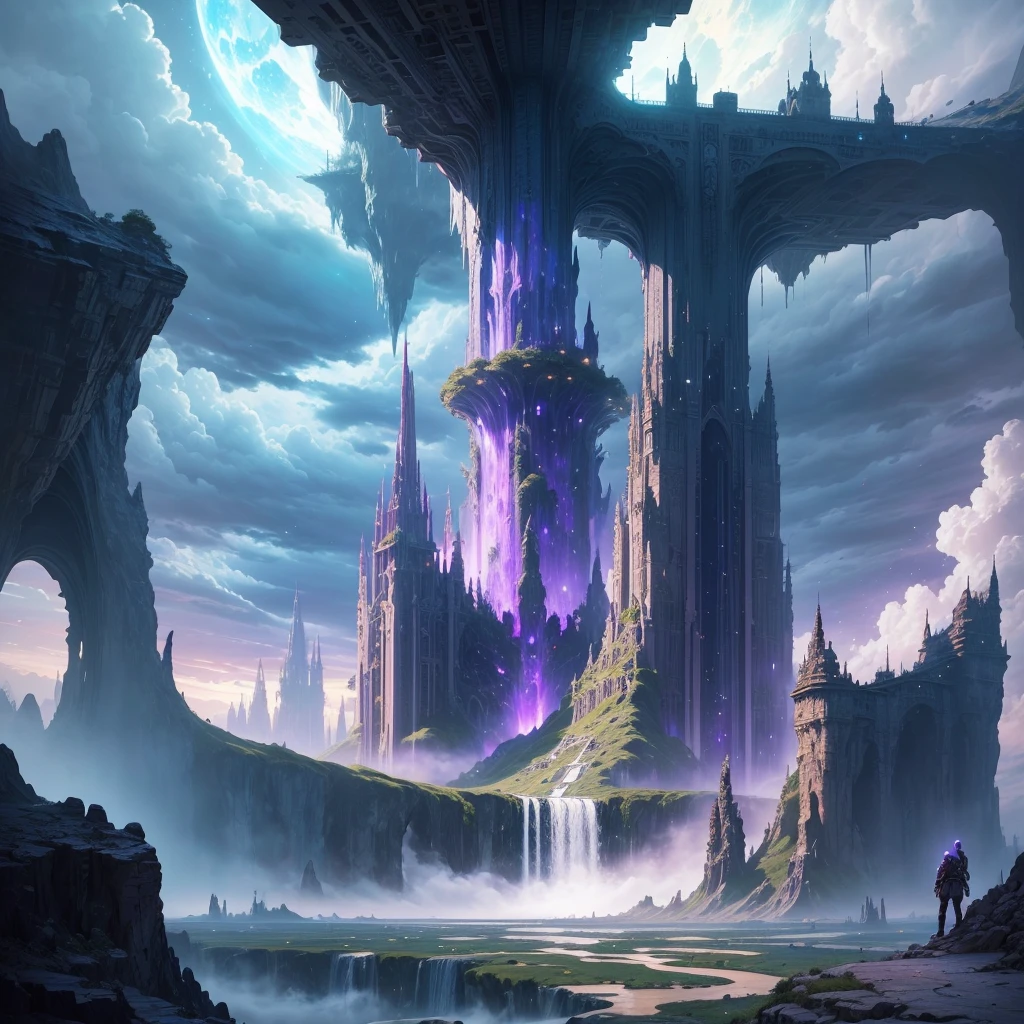 A huge fantastical sci-fi city, aether city, Fantasy,Super huge,Beyond All,Another World Adventure,Great Heaven,floating aerial metropolis,Skyscrapers、universe,new world,new dimension,Super huge建造物,Super hugeな滝,mysterious,Fantasy, towering skyscrapers, massive waterfall, celestial planets in the sky, surrounded by clouds, cosmic architecture, violet energy scars around, central massive castle, astral sky
