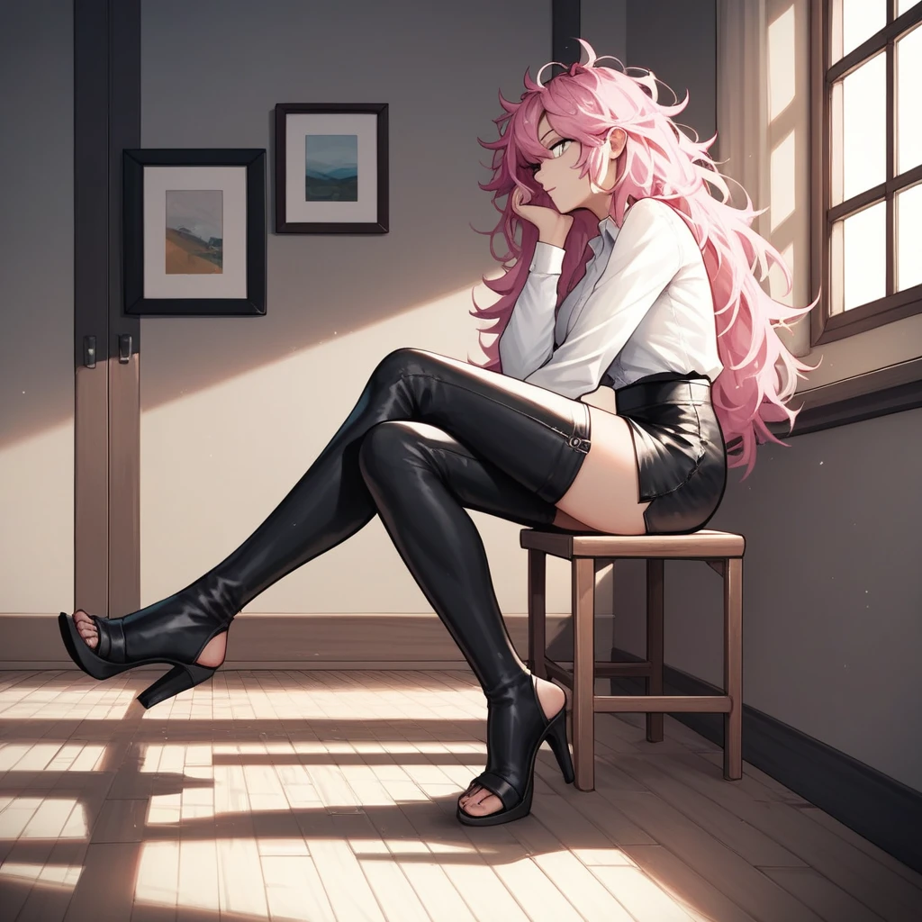 score_9, score_8_up, score_7_up, score_6_up, score_5_up, score_4_up, source_anime, 1girl, chooses to dress, worth, pink hair, long hair, white eyes, , messy hair, white shirt, leather skirts, barefoot, wardrobe, in wardrobe: shoes, high heels, thigh high boots, sandals, sneakers, to choose from, Looking at the wardrobe, think about it,
room, windows, evening, best quality, best res, 4K UHD,