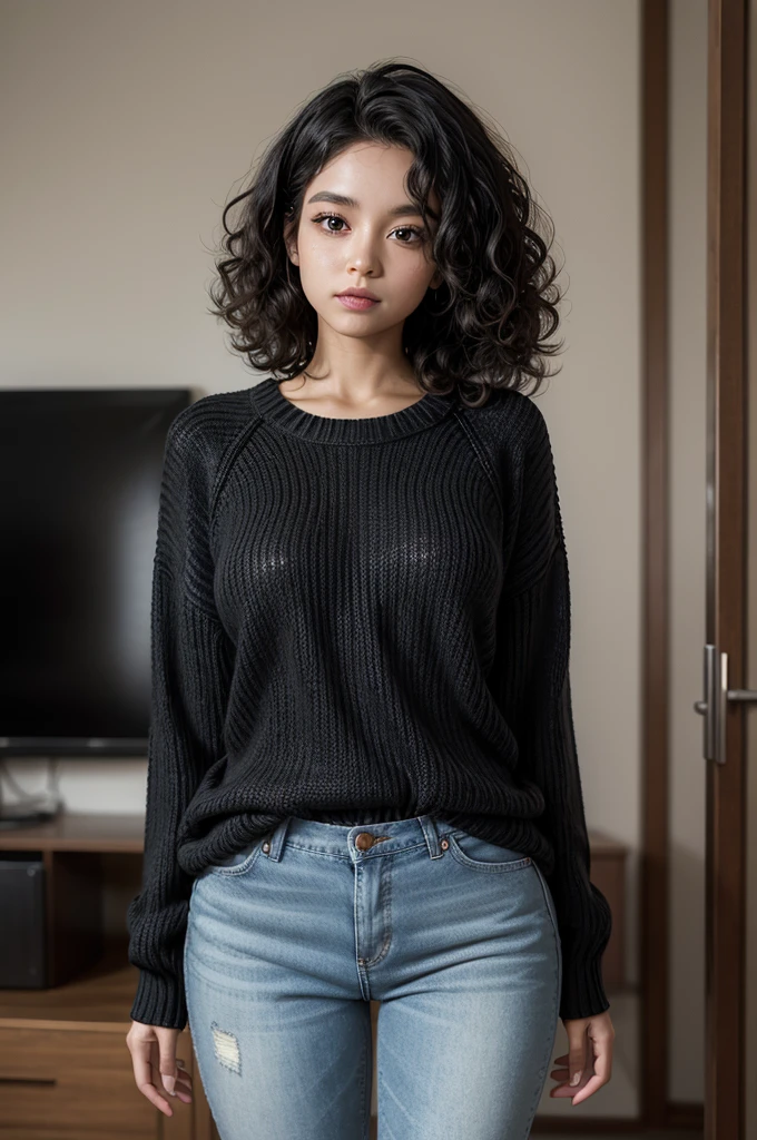 A 30-year-old woman with light black skin ,with medium curly hair dressed in a sweater and loose jeans