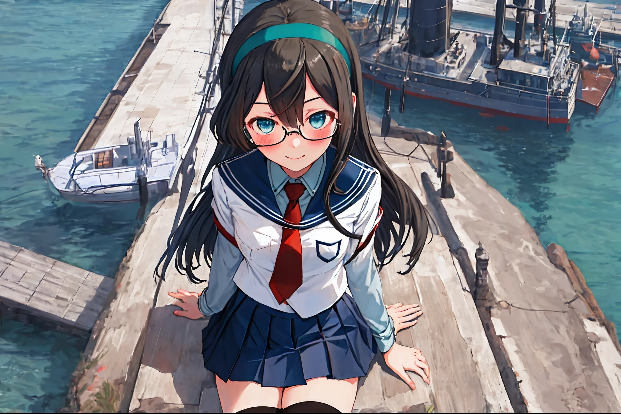 best quality, masterpiece, highres, solo, {ooyodo_kantaicollection:1.15}, black_hair, long_hair, glasses, hairband, semi-rimless_eyewear, under-rim_eyewear, blue_eyes, green_eyes, blush,small_breasts, 1girl, school_uniform, serafuku, pleats_skirt, looking_at_viewer, necktie, harbor_town_landscape_background, red_necktie,light_smile,thigh-highs,sitting,half_eyes,solo