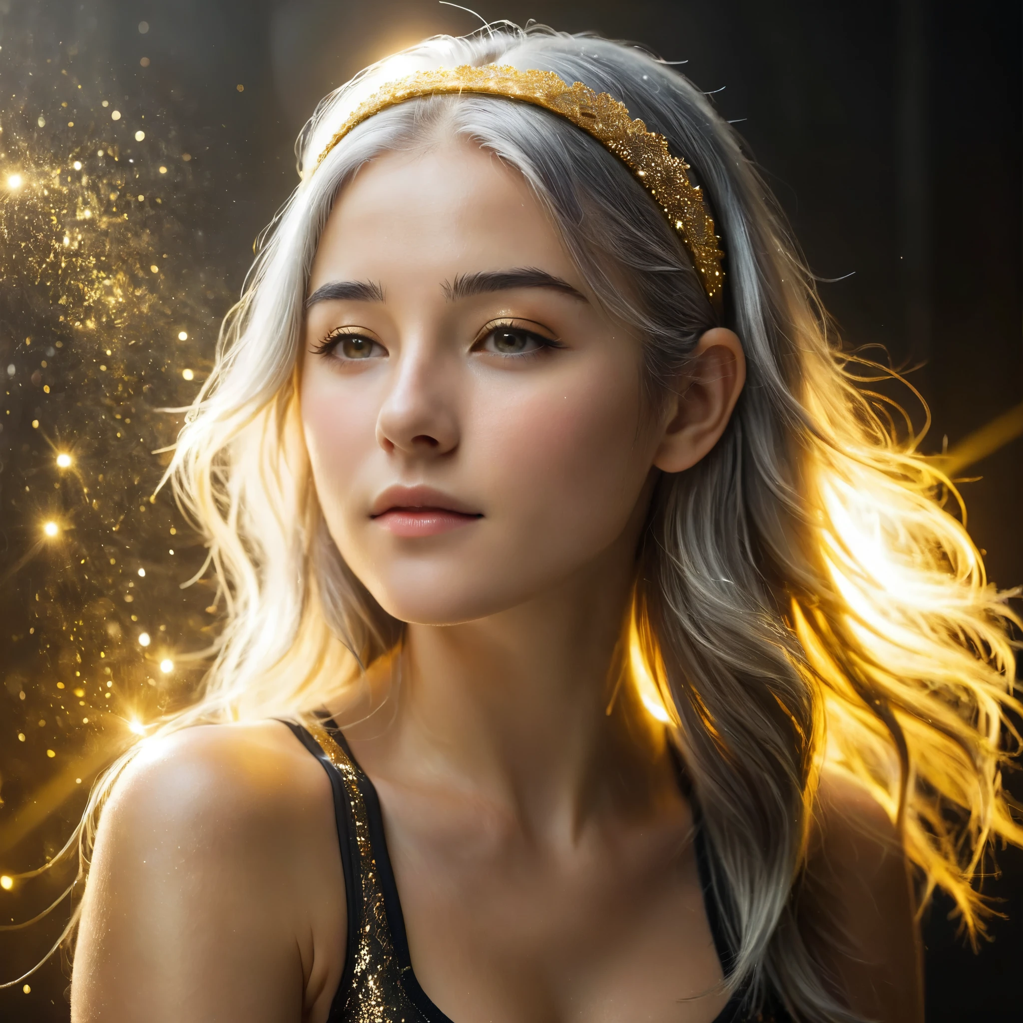 One girl, Gray Hair, Golden Hair, headband headband, Side light, Particles of light, wallpaper, Arm Up, sweating