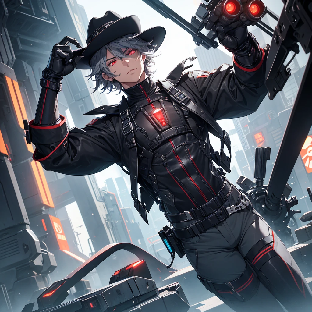 make a futuristic male character who has a cowboy hat, mechanical right arm, Eyes red, must be in a futuristic canary, and dark gray hair. he must be strong