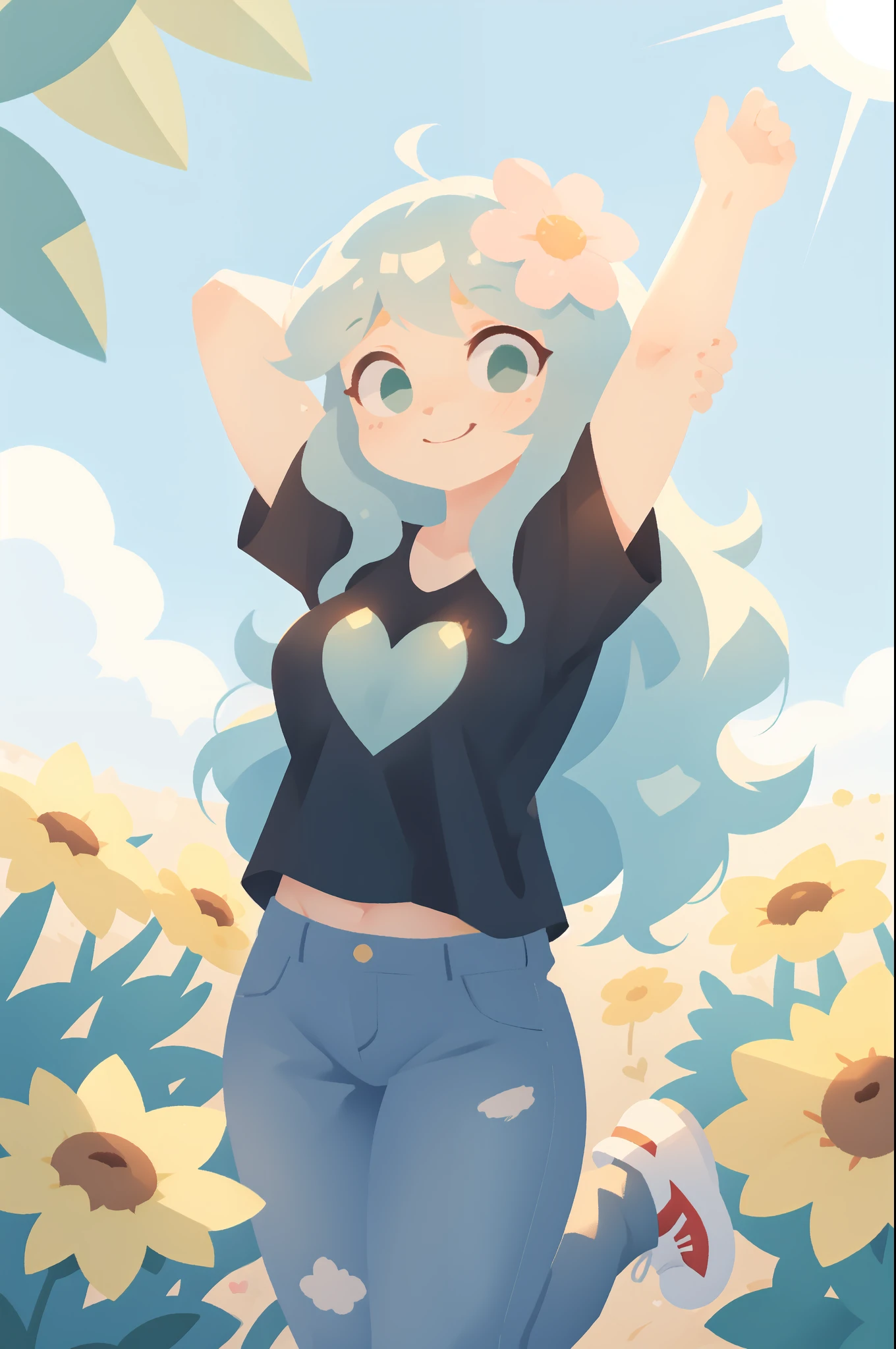 A girl, fair skin, long hair, curly hair, mint green hair, flower in her hair, big eyes, mint green eyes, sparkle in her eyes, smile, light blush, big breasts, thick thighs, nice outfit, short outfit, black t-shirt, heart print on the t-shirt, jeans pants, long pants, sneakers, white sneakers, standing, flower field, stretching, hands in the air, day time, sunny day, without clouds, sun in the sky, 8k, digital art, soft colors, detailed shadows, zoomed in image, focus on girl 