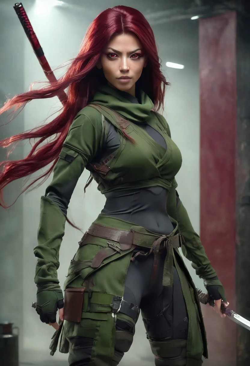 1 woman, inside a hand weapons room, wearing moss green ninja clothing, detailed facial features, feminine brown eyes, detailed light skin, long burgundy red hair, image showing full body, fully enclosed outfit, dramatic lighting, composition cinematic, cold palette, dark colors, atmospheric fog, strong body, thin chin, 35 years (best quality, 4K, 8K, high resolution, art: 1.2), ultra-detailed, (realistic, photorealistic, photorealistic: 1, 37)