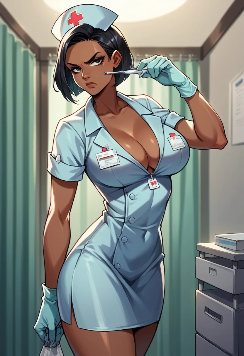 Dark skin nurse,Bblack hair,big boobies, wearing a glove,serious look