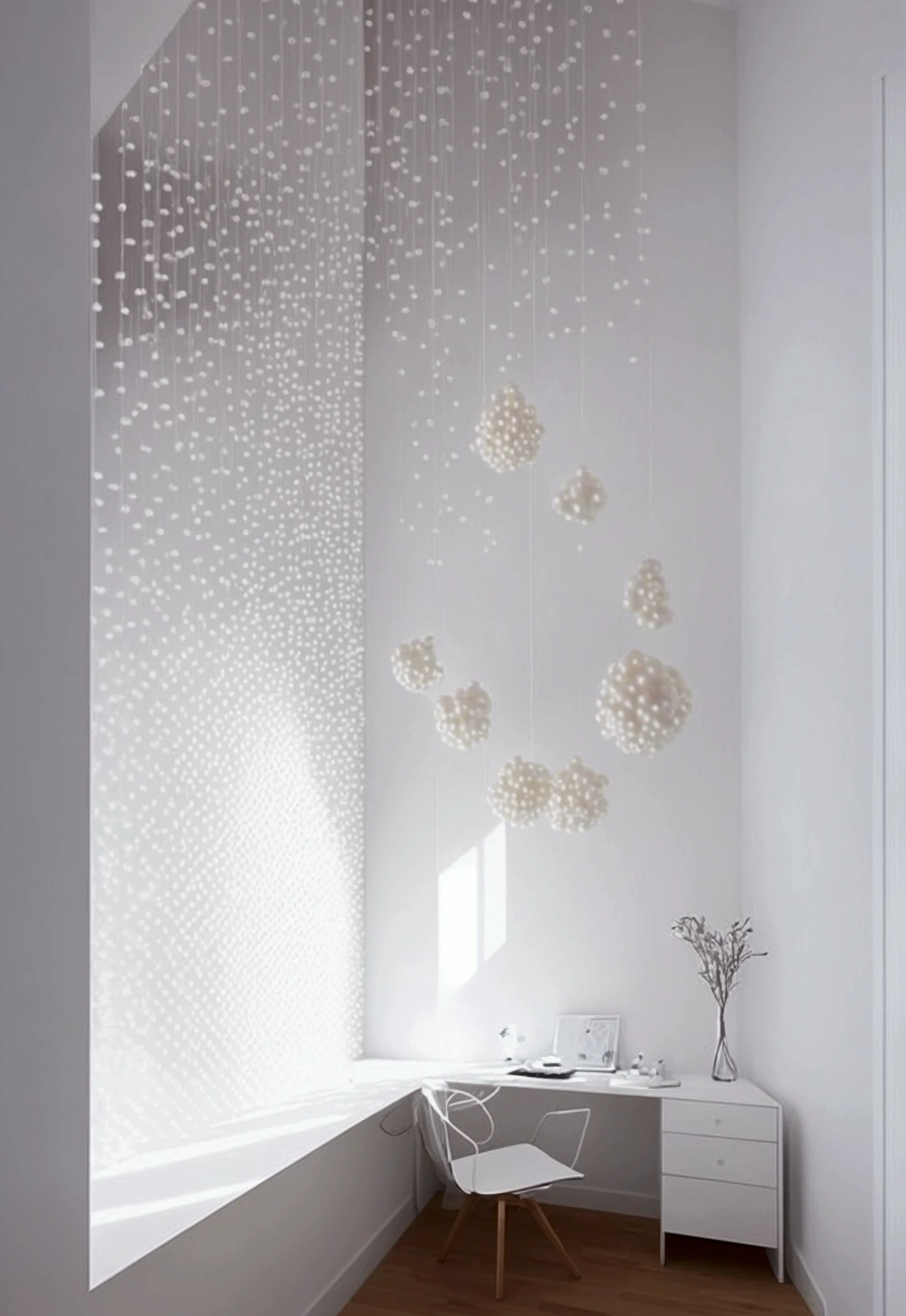 In the white room，There are many pearls of different sizes suspended in the room.