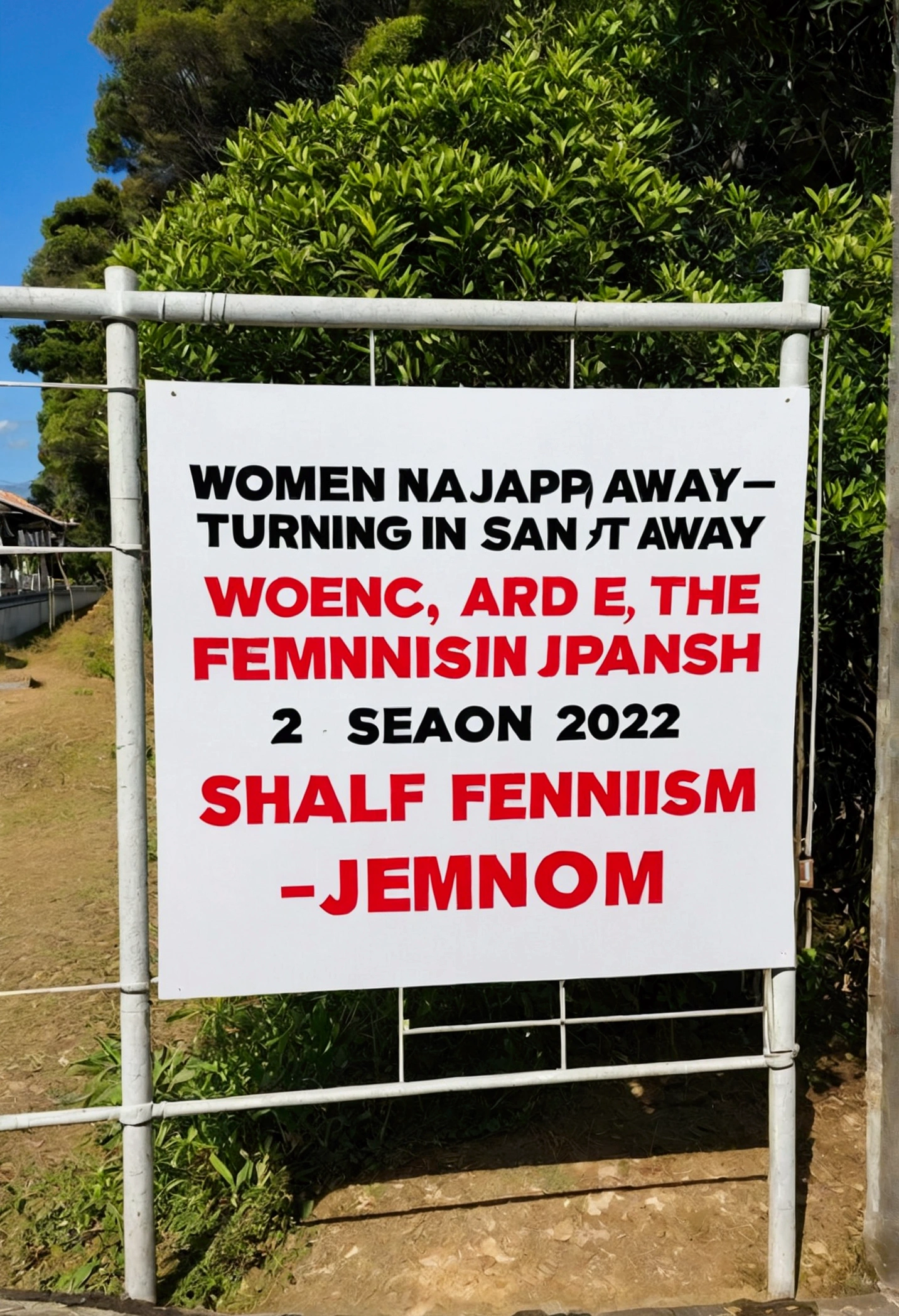 A sign that has a line dividing the sign in half on the left side of the sign written in Portuguese:Women in Japan are turning away from feminism:and on the right side written in Portuguese:July 2024 Season Guide