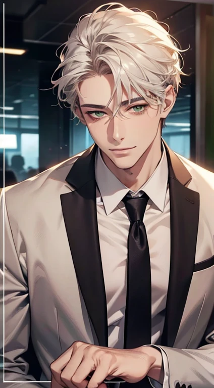 (Highest quality,4K,8K,High resolution,masterpiece:1.2),Super detailed,(Realistic,photoRealistic,photo-Realistic:1.37),1 person,34 years old,Mature Men,Beautiful skin、very handsome,Expressionless smile in love,Short white hair,green eyes,Sharp Eyes,A perfect face without a doubt,Businessman, CEO, Office Background,Cinema Lighting,HDR image,tie、