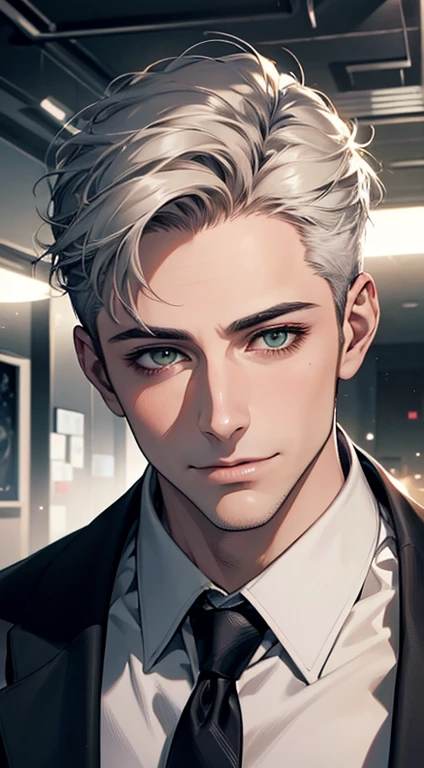 (Highest quality,4K,8K,High resolution,masterpiece:1.2),Super detailed,(Realistic,photoRealistic,photo-Realistic:1.37),1 person,34 years old,Mature Men,Beautiful skin、very handsome,Expressionless smile in love,Short white hair,green eyes,Sharp Eyes,A perfect face without a doubt,Businessman, CEO, Office Background,Cinema Lighting,HDR image,tie、