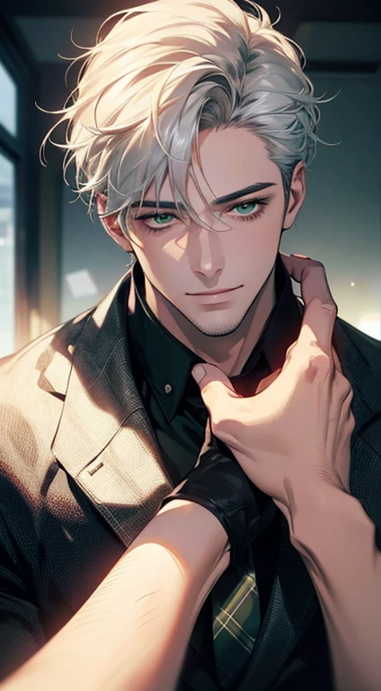 (Highest quality,4K,8K,High resolution,masterpiece:1.2),Super detailed,(Realistic,photoRealistic,photo-Realistic:1.37),1 person,34 years old,Mature Men,Beautiful skin、very handsome,Expressionless smile in love,Short white hair,green eyes,Sharp Eyes,A perfect face without a doubt,Businessman, CEO, Office Background,Cinema Lighting,HDR image,tie、