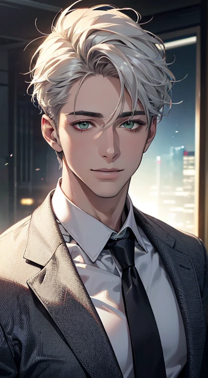 (Highest quality,4K,8K,High resolution,masterpiece:1.2),Super detailed,(Realistic,photoRealistic,photo-Realistic:1.37),1 person,34 years old,Mature Men,Beautiful skin、very handsome,Expressionless smile in love,Short white hair,green eyes,Sharp Eyes,A perfect face without a doubt,Businessman, CEO, Office Background,Cinema Lighting,HDR image,tie、