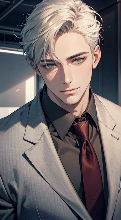 (Highest quality,4K,8K,High resolution,masterpiece:1.2),Super detailed,(Realistic,photoRealistic,photo-Realistic:1.37),1 person,34 years old,Mature Men,Beautiful skin、very handsome,Expressionless smile in love,Short white hair,green eyes,Sharp Eyes,A perfect face without a doubt,Businessman, CEO, Office Background,Cinema Lighting,HDR image,tie、