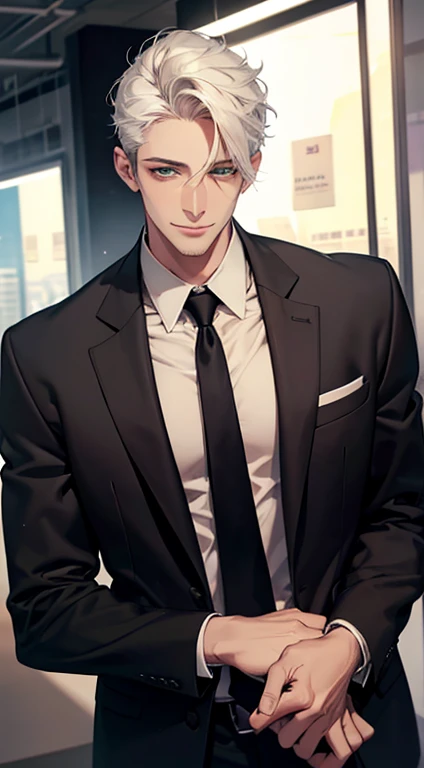 (Highest quality,4K,8K,High resolution,masterpiece:1.2),Super detailed,(Realistic,photoRealistic,photo-Realistic:1.37),1 person,34 years old,Mature Men,Beautiful skin、very handsome,Expressionless smile in love,Short white hair,green eyes,Sharp Eyes,A perfect face without a doubt,Businessman, CEO, Office Background,Cinema Lighting,HDR image,tie、