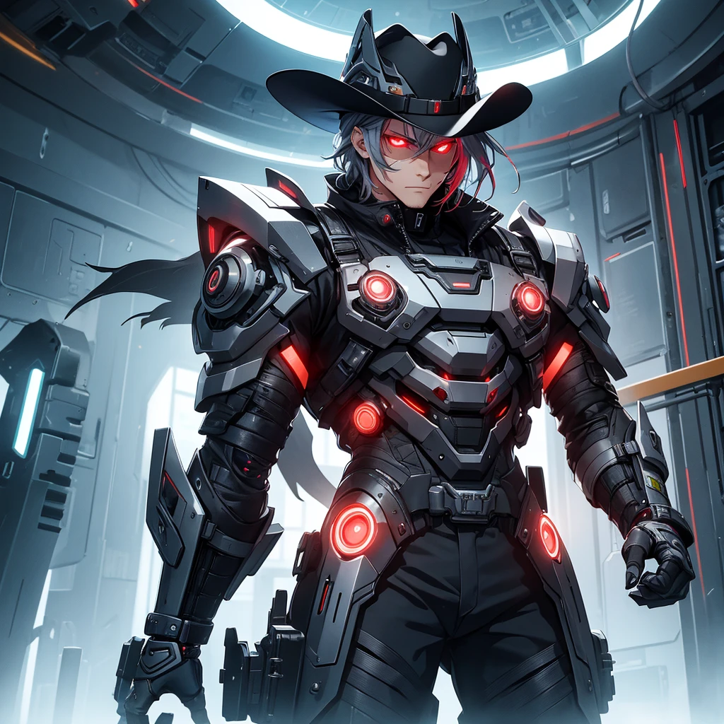 make a futuristic male character who has a cowboy hat, mechanical right arm, Eyes red, must be in a futuristic canary, and dark gray hair. he must be strong