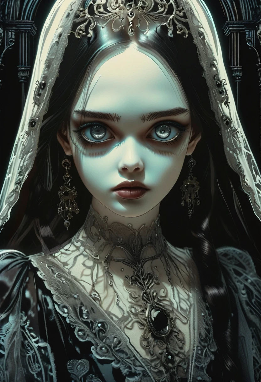 (((Gothic world))),
(beautiful girl), ((the girl's pupils are the same color and size, round pupils, the girl's pupils are directed in one direction)), ((((clearly drawn eyes )))), ((the girl's skin radiates a faint white glow)) (((the girl is shrouded in shadow)))
masterpiece, best quality, highly detailed, cinematic film, surreal lighting shadow (analog), kodak film,cinemascope,epic,gorgeous, professional photo, clarity drawn body details, augmented reality, hyperrealistic, hyperdetalization, clarity, elegant, 6k digital photo quality, lots of details, professional design, very high resolution, black and white, contrast, augmented details of the environment and background, filigree, emotional, touching, clear drawing of the details of the environment, photographic clarity and depth of drawing.