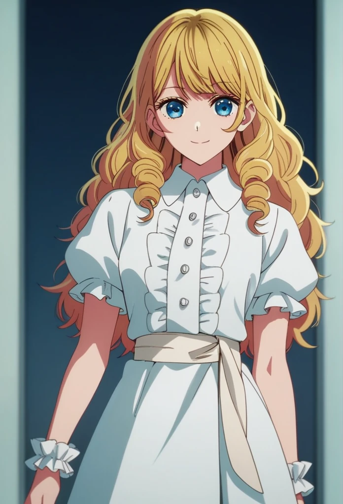 oshi_no_ko_style,blonde curls,sidecurls,fluffy fringe bangs,blue eyes,long eyelashes,cowboyshot,standing,,soft smile,long hair,masterpiece,highres,absurdres,white puffy short sleeves,collared dress,suspender dress,solo,frilled cuffs,frilled blouse,,teen,(light blue pinafore dress),frilled wristgloves,frilled sweatheart neckline,white sash around the waist,