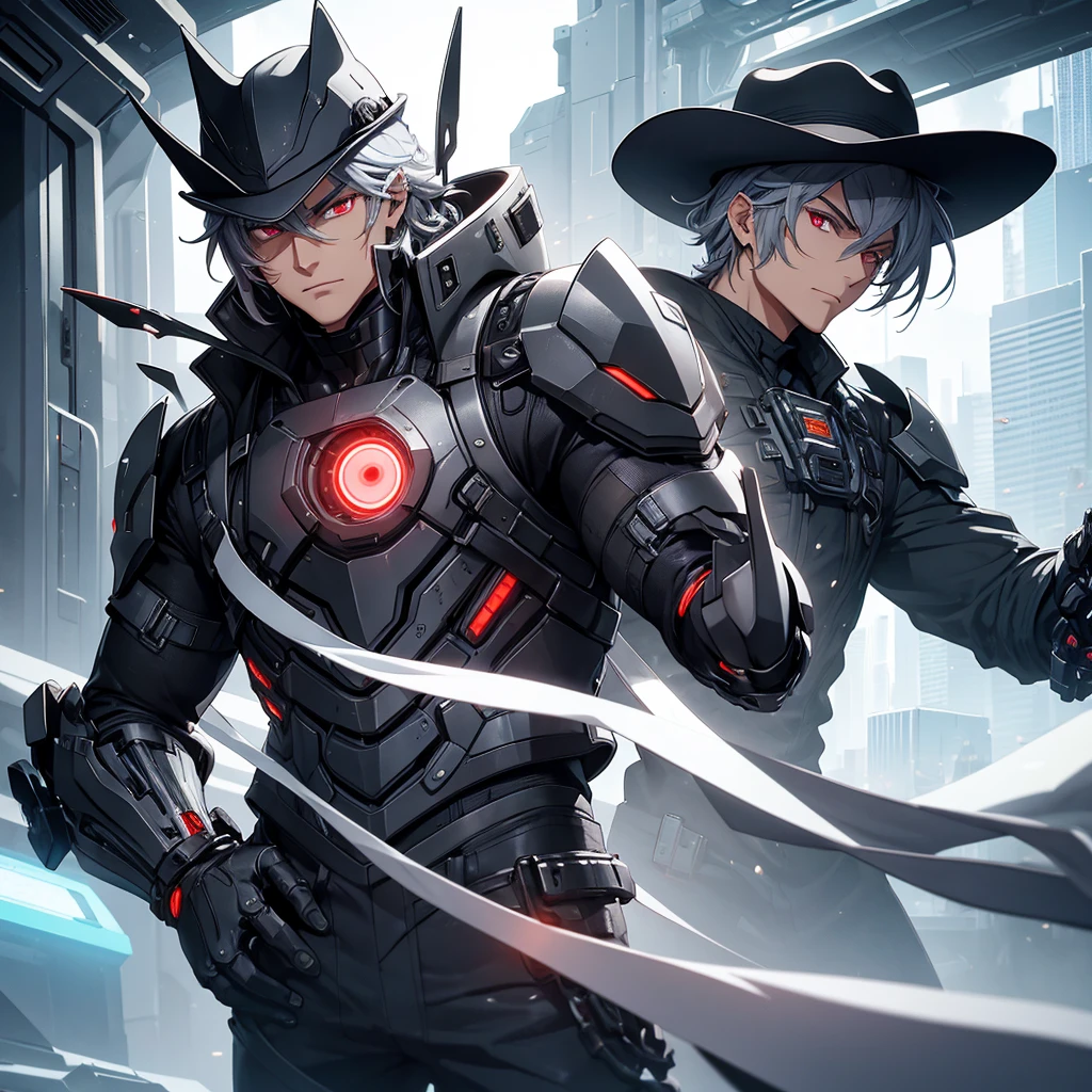 make a futuristic male character who has a cowboy hat, mechanical right arm, Eyes red, must be in a futuristic canary, and dark gray hair. he must be strong, he must have a cover