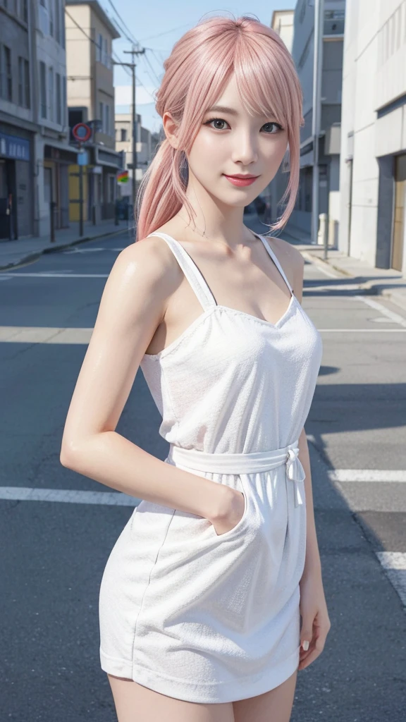 A woman with pink hair and a white dress, Anime realism style, Unreal 5. RPG Portrait, cgsociety portrait, Realistic art style, Smooth anime CG art, Photorealistic Anime Girl Rendering, Realistic anime 3D style, Loss Draw 1. 0, Realistic 3D animation, ArtJam ; 3d unreal engine, Realistic anime art style,The background is the city,The best smile、Side Ponytail
