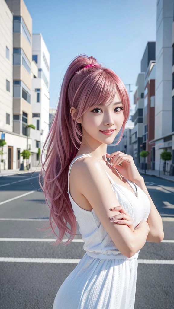 A woman with pink hair and a white dress, Anime realism style, Unreal 5. RPG Portrait, cgsociety portrait, Realistic art style, Smooth anime CG art, Photorealistic Anime Girl Rendering, Realistic anime 3D style, Loss Draw 1. 0, Realistic 3D animation, ArtJam ; 3d unreal engine, Realistic anime art style,The background is the city,The best smile、Side Ponytail