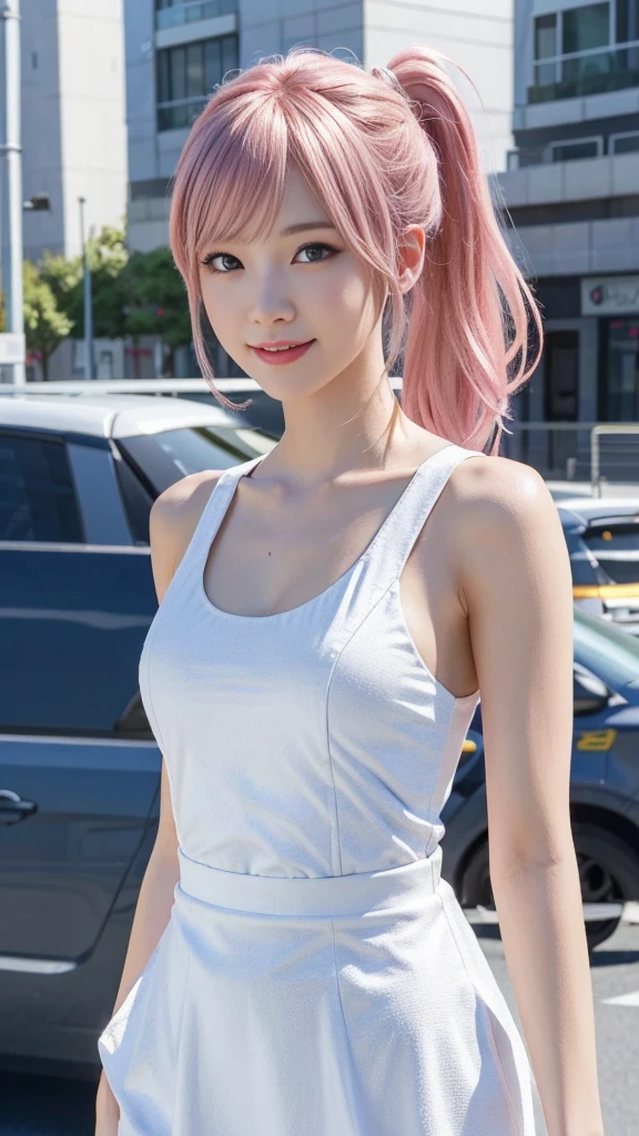 A woman with pink hair and a white dress, Anime realism style, Unreal 5. RPG Portrait, cgsociety portrait, Realistic art style, Smooth anime CG art, Photorealistic Anime Girl Rendering, Realistic anime 3D style, Loss Draw 1. 0, Realistic 3D animation, ArtJam ; 3d unreal engine, Realistic anime art style,The background is the city,The best smile、Side Ponytail