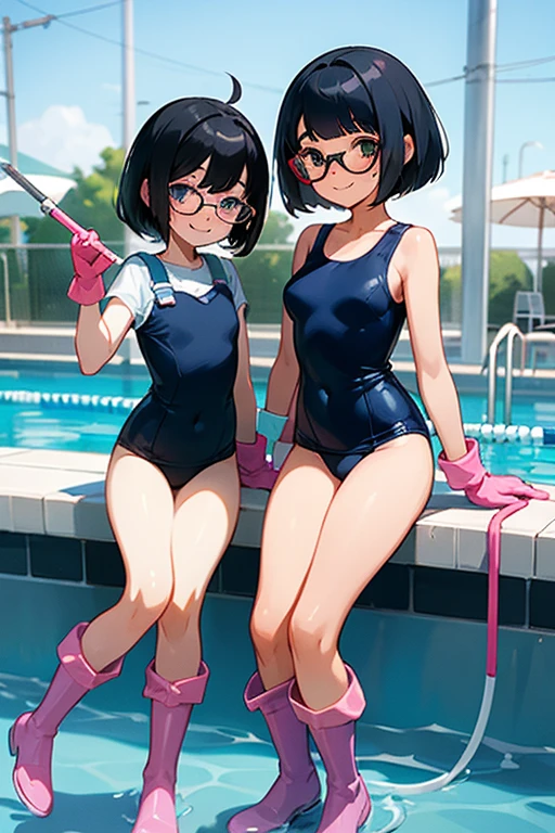 Two elementary school girls with black hair, bob hair, freckles and glasses, wearing navy blue school swimsuits and large pink rubber gloves and white rubber boots, are smiling as they clean the school pool.