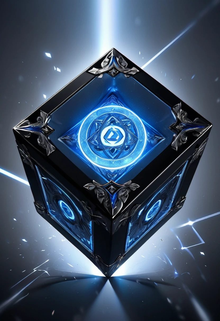 masterpiece, 8k, best quality, highly detailed, a small pitch black cube with a single blue nordic rune on it