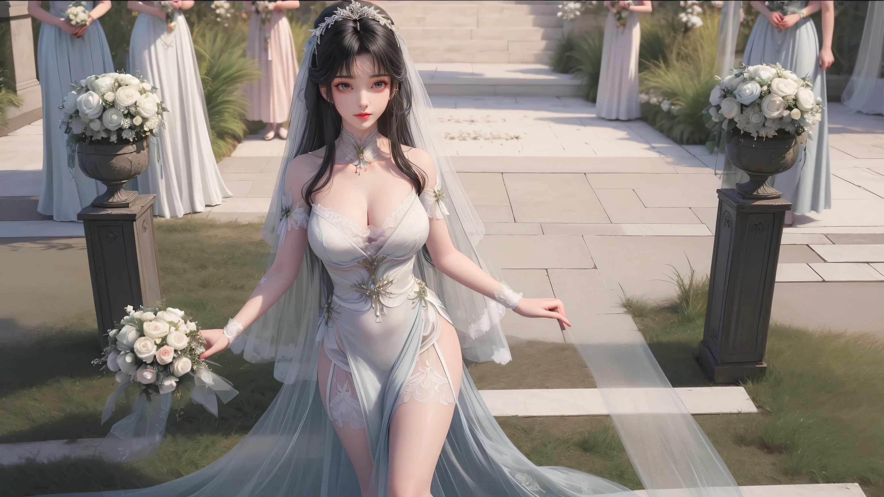 Masterpiece,high quality,beautiful wallpaper,16k,animation,illustration,front view,overlooking camera,perfect body,cleavage,exquisite face,exquisite features,1 girl,sexy,(wedding:1.5),(many people:1.5)(white robe),white suspenders,(white lace underwear: ilsil white) 1.5),veil,