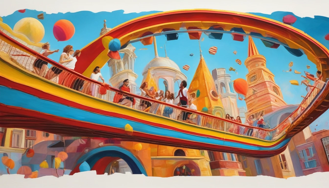 A captivatingrealistic painting captures the essence of a vibrant and eclectic scene. A roller coaster cart filled with people joyfully devours slices of pizza as they soar through a thrilling loop. The atmosphere is playful and magical, with the artwork exhibiting a layered, three-dimensional quality reminiscent of mixed media techniques. The composition invites introspection and complexity, contrasting the human figures with a busy, fragmented abstract background. The woman's thoughts and emotions are palpable, creating an immersive experience that transcends the canvas. This photographic illustration combines elements of fashion, 3D render, architecture, and vivid colors to create a truly mesmerizing masterpiece., painting, vibrant, photo, cinematic, architecture, fashion, 3d render, illustration
