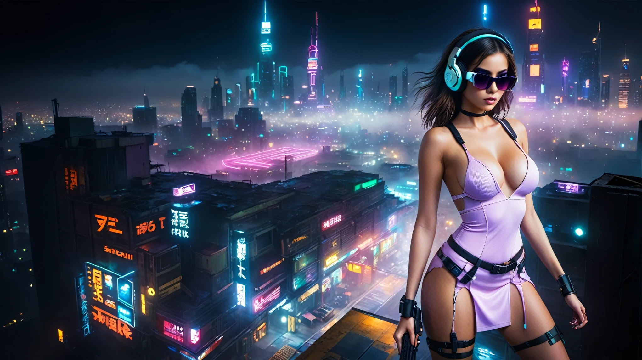 dark futuristic landscape, at night, neon lights, Atmospheric fog, large buildings in the background, futuristic city, streets with open shops, skyscraper (postapocalyptic city:1.3). (((1girl, solo, alone))), large-breast:1.2 slim body, cleavage:1.1, sexy miniskirt, (((headphone, black sunglasses, standing and holding pistol pose))), (((half-body thigh level medium shot))), cinematic lighting, lens flare, ray tracing.