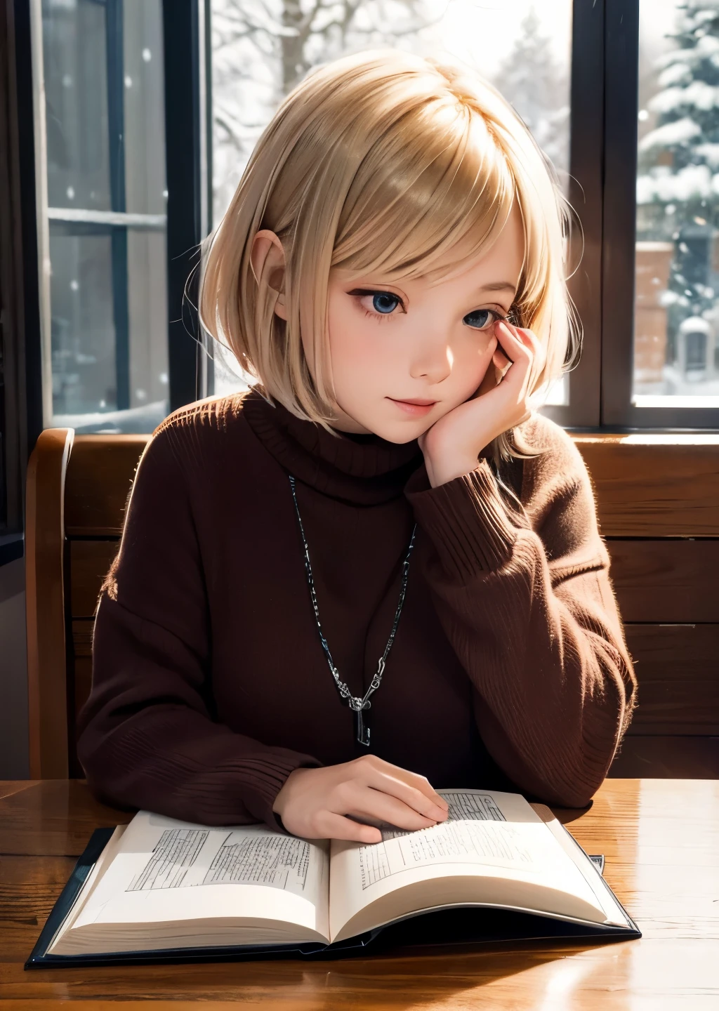 (best quality, masterpiece, high resolution:1.1),hyper detail,high detailed eyes, natural light, natural shadow, 1girl, blonde bob hair, "The girl resting her chin on her hand and reading a book at the table looked completely absorbed.","cozy moment in the snowy winter