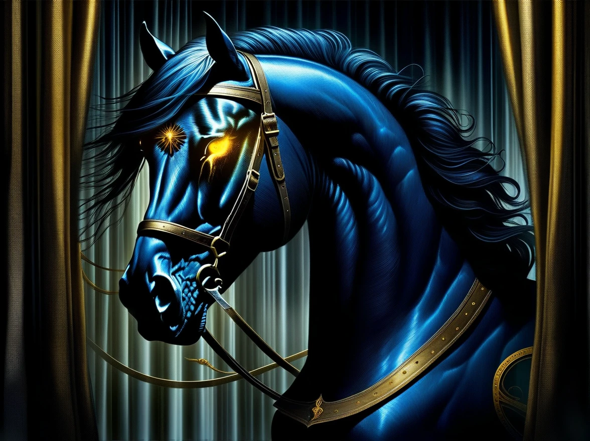 A strong nightmare shows the image, It is a black smoke horse with a golden ratio, Fearless and courageous, Expressing cruelty and brutality, Eyes glow sharp blue dimly, Nihilistic smile, Complex details, Film production lighting, Ridiculous decision, A stunningly illustrated novel of dark fantasy, Official game art, Against the background of a curtain inspired by the nightmare rose,