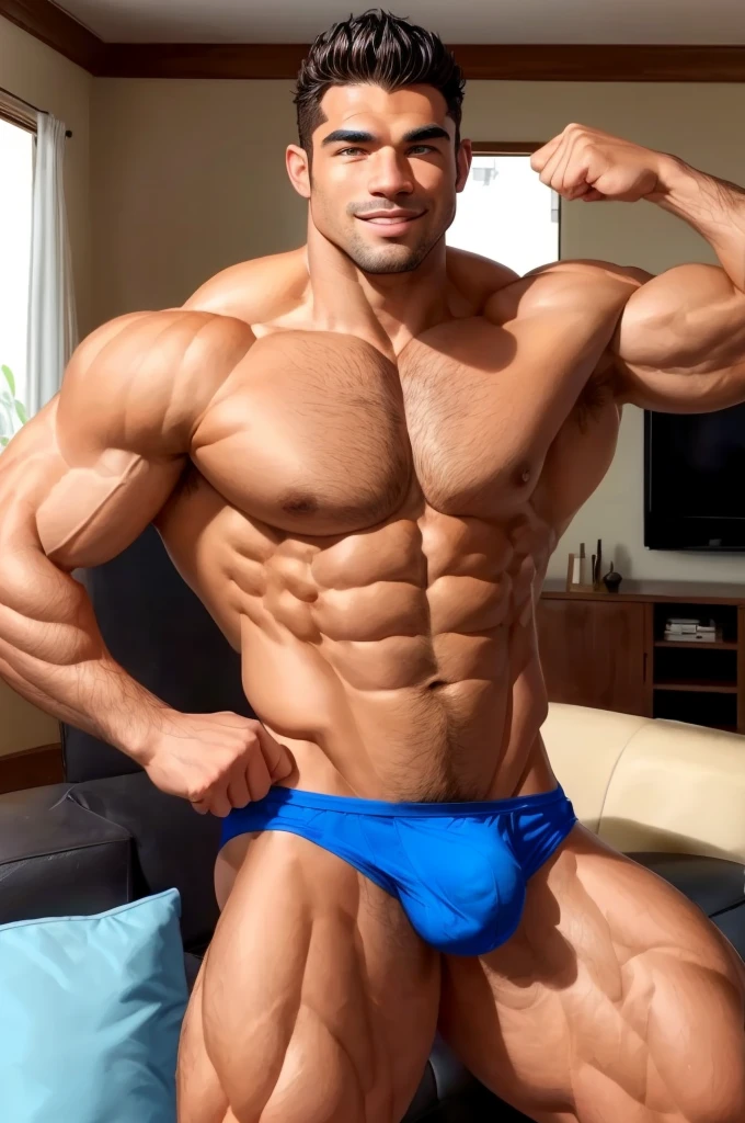 arafed man in blue underwear posing for a picture in a living room, bulging muscles, bodybuilder body, sexy muscular body, muscular male, exaggerated muscle physique, muscular body, large muscles, muscular man, muscular men, very muscular male body, muscular body type, beautiful muscular body, muscular bodies, muscular male body, bodybuilder, muscular male hero, erect cock:1.5