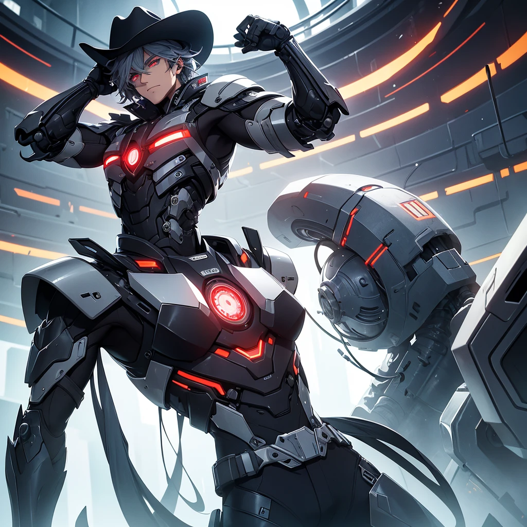 make a futuristic male character who has a cowboy hat, mechanical right arm, Eyes red, must be in a futuristic canary, and dark gray hair. he must be strong, he must have a cover