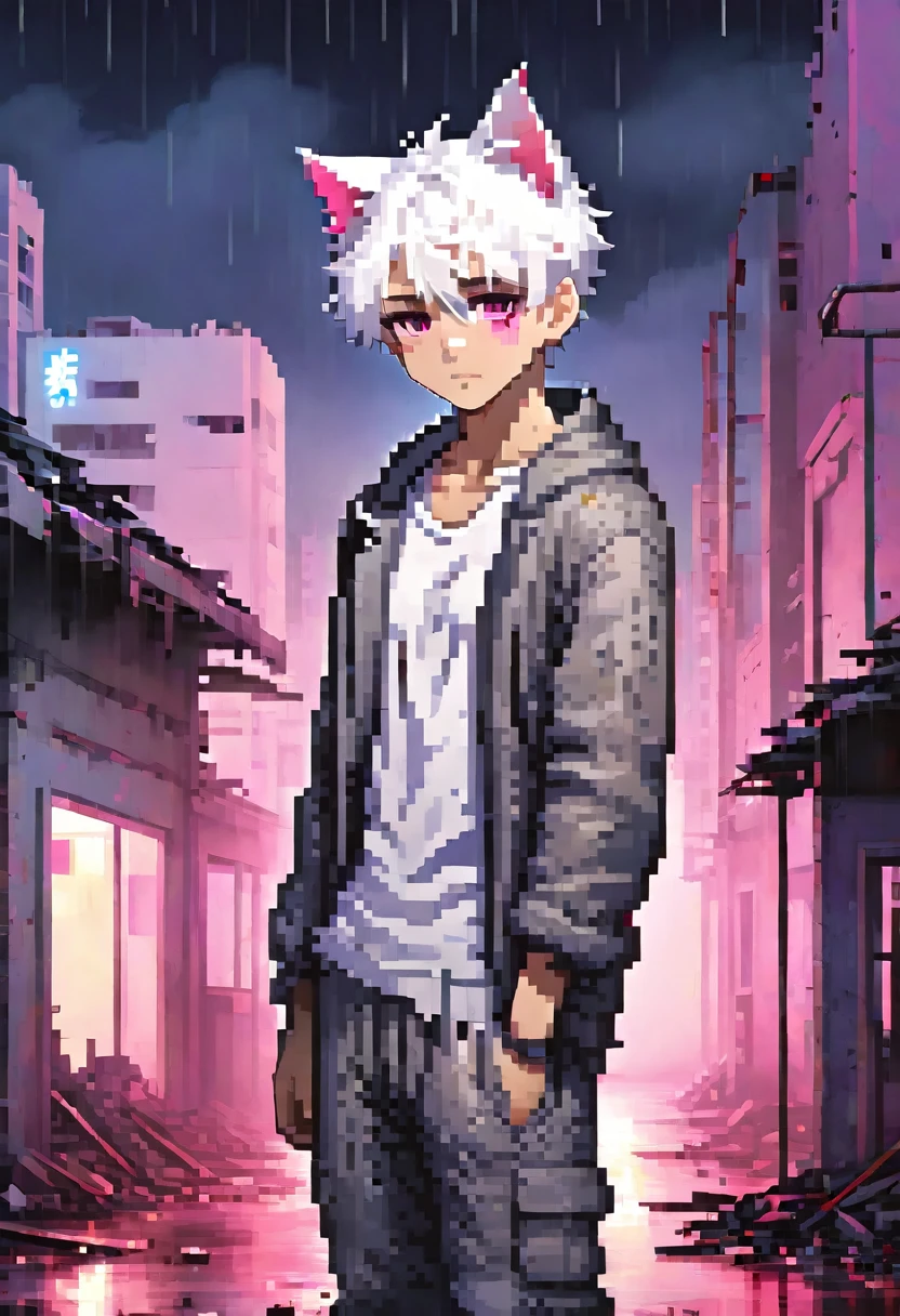 1 men, short white hair, pink eyes, Kitten ears, Hospital Clothes Slightly muscular body, at night, raining, front view, Top of a destroyed building, bruised and bloody body, tired facial expression
