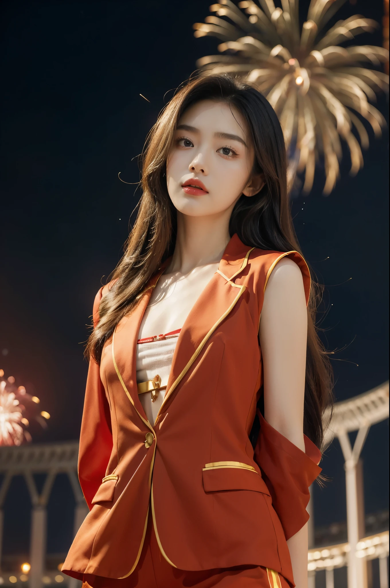 (((best quality))),(((ultra detailed))),(((masterpiece))),illustration, ((Olympic Opening Ceremony,in Paris,summer night,magnificent National stadium of France,Olympic flame, fireworks)),(crowded crowds of enthusiastic spectators:1.3),((a beautiful Chinese girl,solo)),((shoulder length straight hair:1.2)),((slim,thin)),((small breasts,flat chest)),(red blazer:1.5),(yellow dress:1.2),(slender legs:1.2),excited expression, awe, celebrating, electric atmosphere, sense of pride, excitement, playing field, crowd energy, unity, camaraderie, representing China, historic event, memorable moment,((standing,arms behind back)),((from front,upper body))
