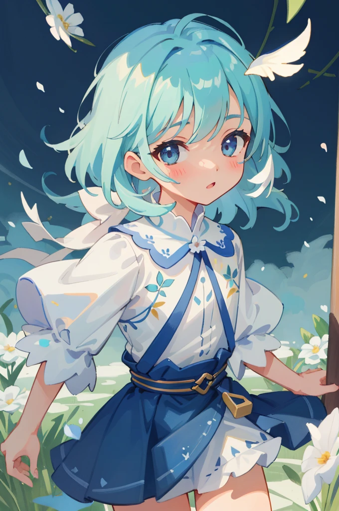 (masterpiece、top-quality:1.6)、white lace dress、Light blue hair、cowboy shot、thighs thighs thighs thighs、beautiful a girl、(floralany small white petals:1.3)、Garden、blue open sky、looking at the viewers、small waist、Official Art、Raw foto、Incredibly ridiculous、face lights、Dynamic Lighting、light、A hyper-realistic、hight resolution、a picture、sharp focus、highestdetailed、ighly detailed、detaile、extremely detailed eye and face