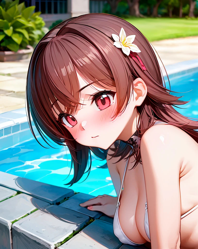 pillow,Outdoor,((Pool,White Micro Bikini,just))(Highest quality), (masterpiece), (High resolution), original, Very detailed8K壁紙,((Very detailed)), Very detailed,(1 girl, alone:1.2), (blush:1.2),,,((High resolution)),(Small breasts:1.10),(Highest quality:1.2)Small breasts,Upper body close-up