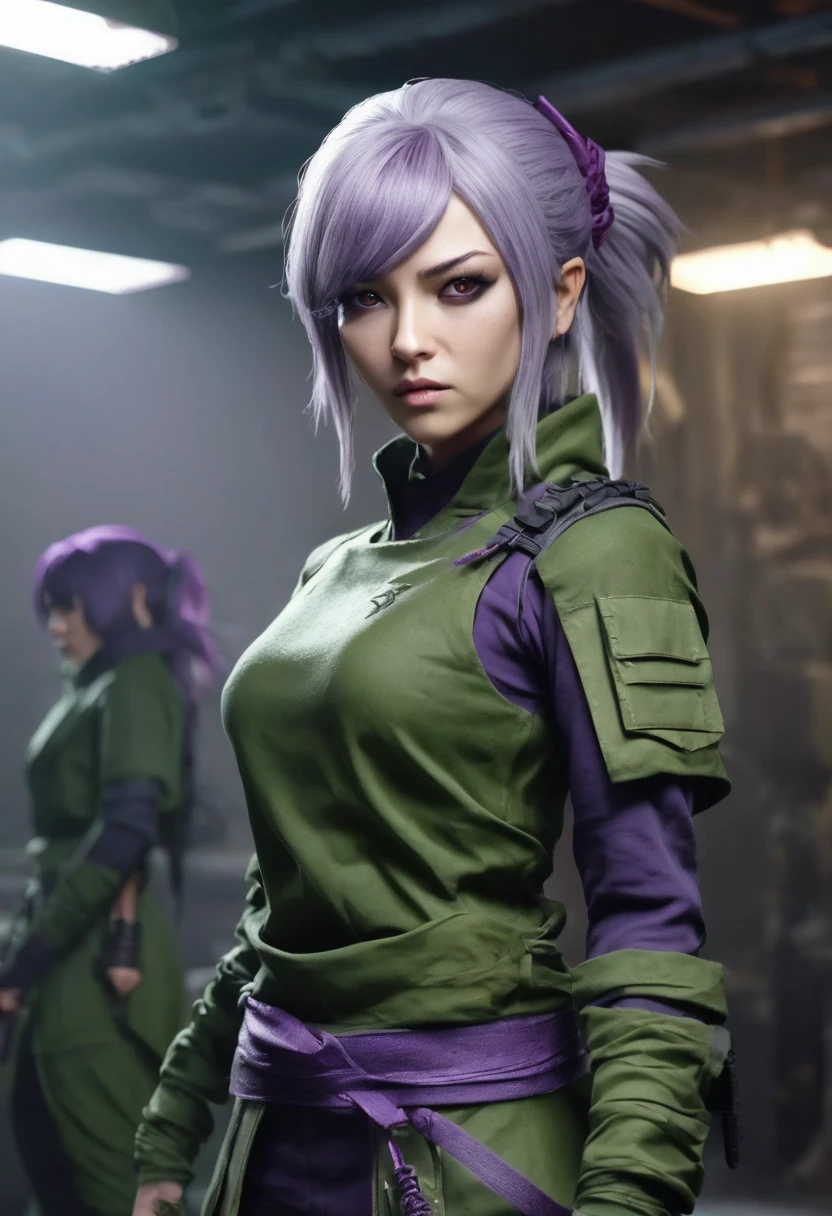 1 woman, inside a hand weapons room, wearing moss green ninja clothing, detailed facial features, feminine brown eyes, detailed white skin, medium length purple hair, image showing full body, fully enclosed outfit, dramatic lighting, cinematic composition , cold palette, dark colors , atmospheric fog, strong body, thin chin, 30s, beautiful, evil (best quality, 4K, 8K, high resolution, art: 1.2), ultra-detailed, (realistic, photorealistic, photorealistic: 1, 37 )