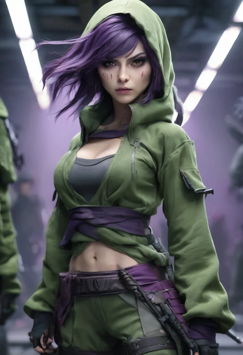 1 woman, inside a hand weapons room, wearing moss green ninja clothing, detailed facial features, feminine brown eyes, detailed white skin, medium length purple hair, image showing full body, fully enclosed outfit, dramatic lighting, cinematic composition , cold palette, dark colors , atmospheric fog, strong body, thin chin, 30s, beautiful, evil (best quality, 4K, 8K, high resolution, art: 1.2), ultra-detailed, (realistic, photorealistic, photorealistic: 1, 37 )