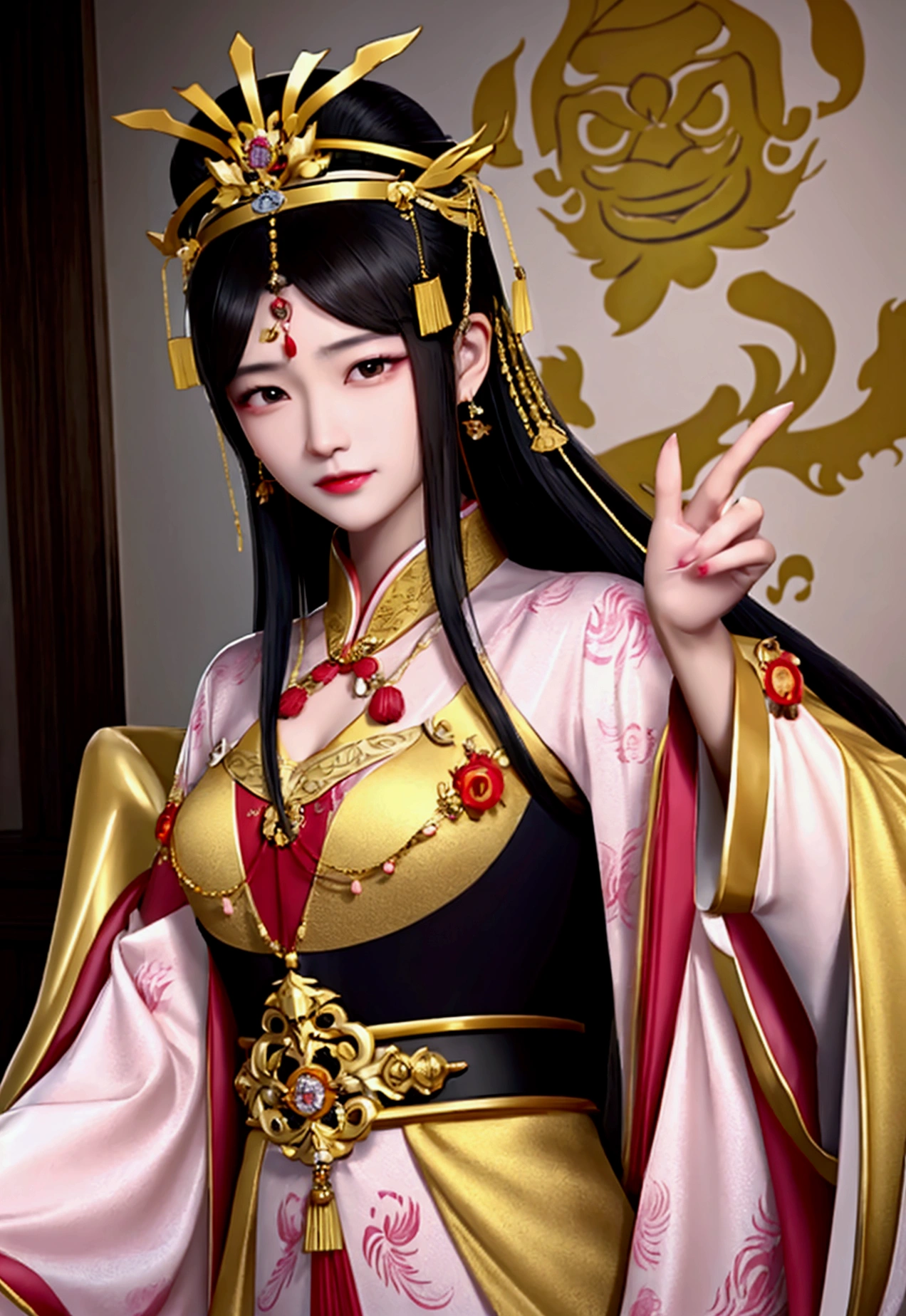 queen of china,wear gold dress,Gold Jewelry,Chinese men wearing emperor hats,An aggressive expression on his face.,Age 40