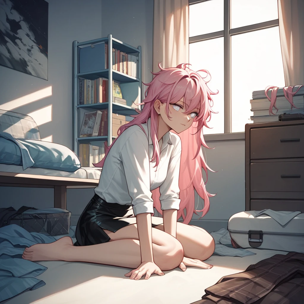 score_9, score_8_up, score_7_up, score_6_up, score_5_up, score_4_up, source_anime, 1girl, chooses to dress, worth, pink hair, long hair, white eyes, , messy hair, white shirt, leather skirts, barefoot, wardrobe,
room, windows, evening, best quality, best res, 4K UHD,