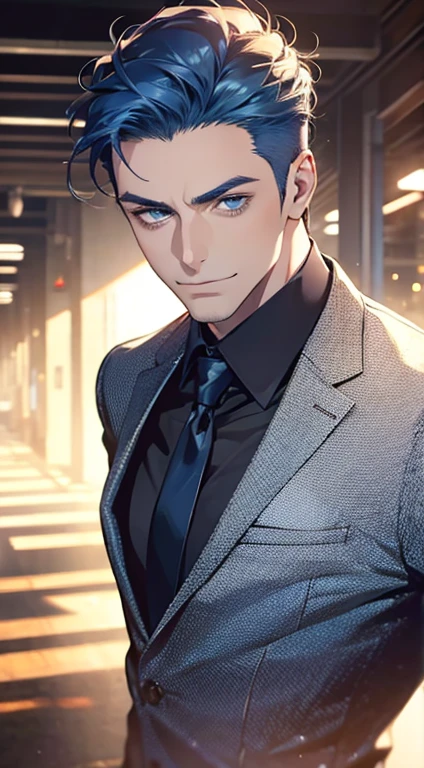 (best quality,4k,8k,highres,masterpiece:1.2),ultra-detailed,(realistic,photorealistic,photo-realistic:1.37),1 man,31 years old,mature man,very handsome,without expression,smile,short blue hair,blue eyes,penetrating gaze,perfect face without errors,imposing posture,businessman,office background,cinematic lighting,hdr image
