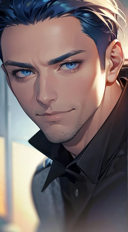 (best quality,4k,8k,highres,masterpiece:1.2),ultra-detailed,(realistic,photorealistic,photo-realistic:1.37),1 man,31 years old,mature man,very handsome,without expression,smile,short blue hair,blue eyes,penetrating gaze,perfect face without errors,imposing posture,businessman,office background,cinematic lighting,hdr image