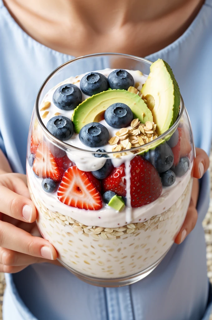 Make me a logo of a glass with oats and yogurt with strawberry, uva, blueberries and avocado in an animated plastic cup that has little eyes and hands
